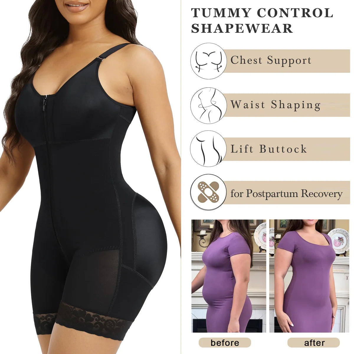 LumaShape Fajas Colombianas Postpartum Shapewear – Tummy Control Body Shaper & Butt Lifter with Zipper Crotch