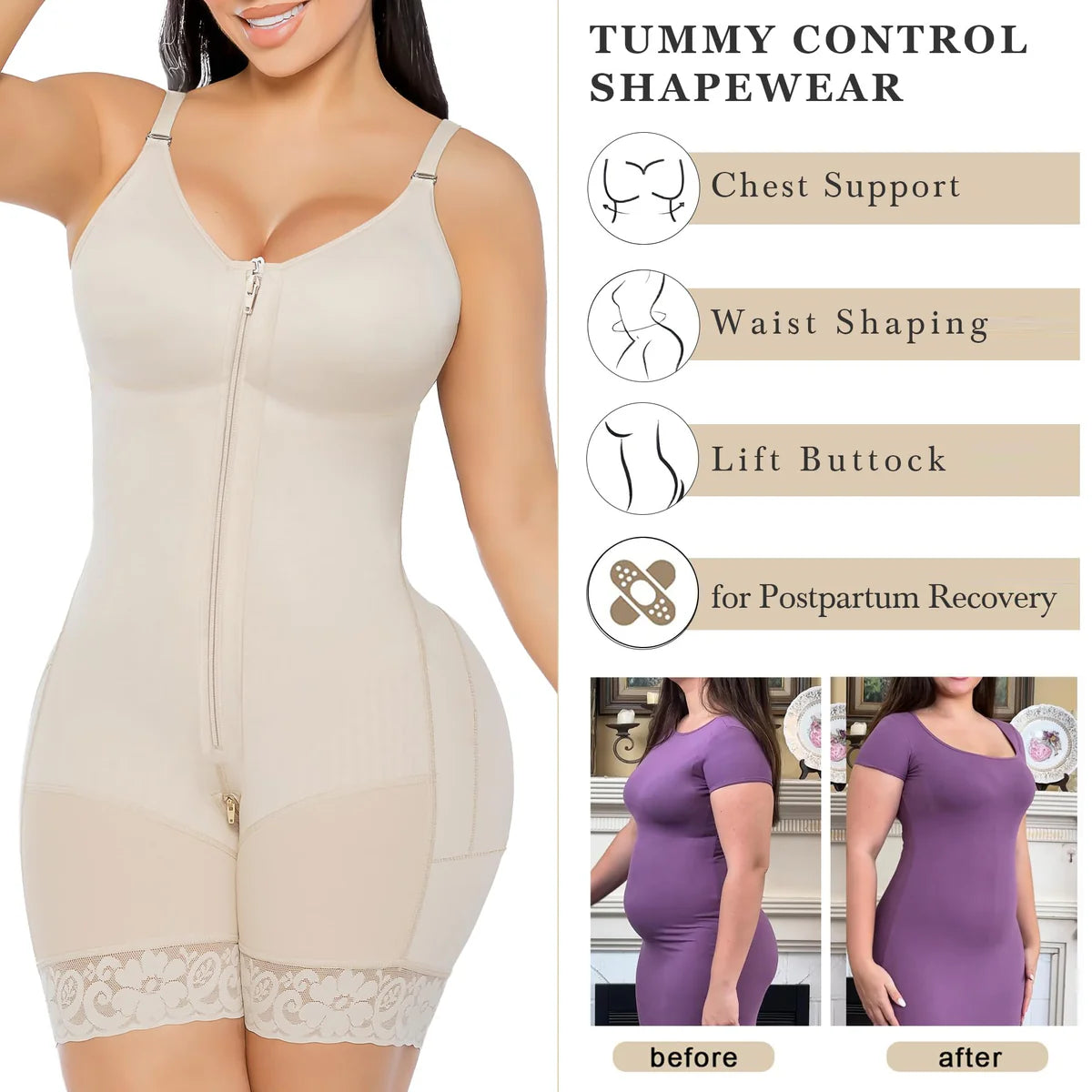 LumaShape Fajas Colombianas Postpartum Shapewear – Tummy Control Body Shaper & Butt Lifter with Zipper Crotch
